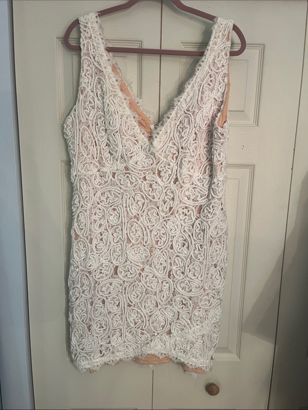 Charlotte Russe White Lace V-Neck Sheath Dress with Nude Lining